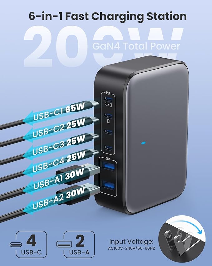 USB C Charger Block 200W with Wall Plug,6 Ports GaN IV Charging Station Hub,QC4.0+PD 65W USB C Laptop Charger Adapter Compatible with MacBook Air/Pro,DELL,iPhone 16/15/14,iPad,Steam Deck,Galaxy-Black