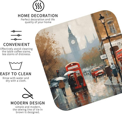 4Pcs Leather Coaster for Drinks London Impression Cup Coasters Aesthetic Drink
