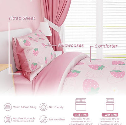 SANDJEST Strawberry Comforter Set Twin Size 68x86in for Kids Girls, Microfiber 3 Pcs Bedding Set Includes 1 Comforter, 1 Pillowcase, 1 Fitted Sheet, Nursery Room Decor