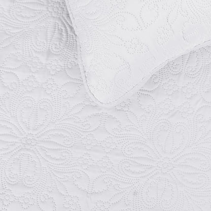 Easy-Going King Size Reversible Quilt Set with 1 Quilt and 2 Pillow Shams, Soft Bed Quilt Cover, Water Resistant Lightweight Microfiber Bedspread, Stain Resistant, Damask-White/White