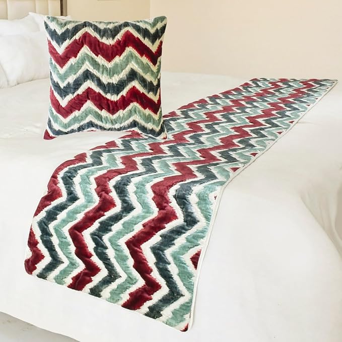 The HomeCentric King/Queen/Twin Red & Blue Luxury Full 68"x18" Bed Runner with Two Pillow Cover, Chevron & Quilted Bed Scarf on Suede Fabric - Chevron Symphony