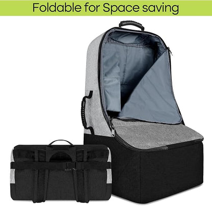 Padded Car Seat Travel Bag for Airplane, Heavy Duty Backpack for Air Travel, Water-Resistant Carrier with Shoulder Strap, Fits Most Car Seats (Grey+Black)