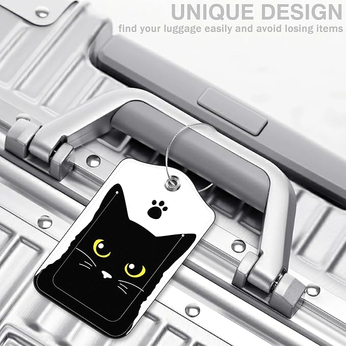 Set of 2 Luggage Tags Cute Black Cat Luggage Tags for Suitcases Leather Suitcase Tags Identifiers with Privacy Name Address Label and Stainless Steel Loop for Women Men Travel Luggage Accessories