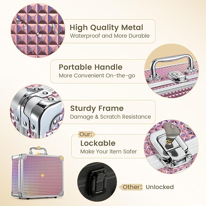 Makeup Case with Magnetic Lighted Mirror Makeup Organizer Box Travel Cosmetic Case with 3 Colors LED Mirror Portable Vanity Make up Suitcase with Lockable Keys Dividers Brush Holder Shiny Pink