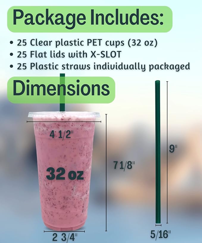 32 oz Clear Plastic Cups with Lids and STRAWS, Disposable Drinking Cups