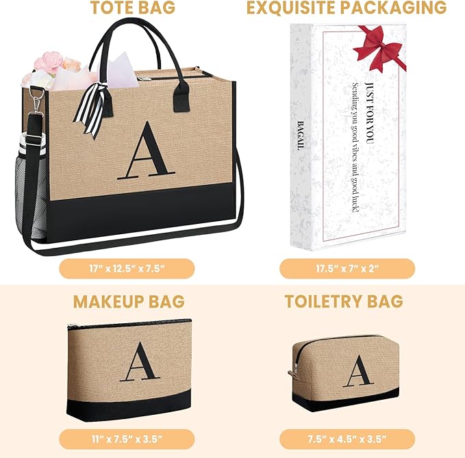 BAGAIL Initial Tote Bag, Personalized Birthday Gifts for Women, Teacher, Friends, Mom, Wedding, Monogrammed Beach Bag