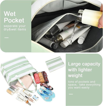 Waterproof Beach Tote Pool Bags for Women Ladies Extra Large Gym Tote Carry On Bag With Wet Compartment for Weekender Travel
