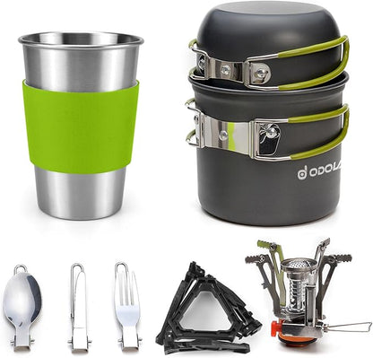 Odoland Camping Cookware Stove Carabiner Canister Stand Tripod and Stainless Steel Cup, Tank Bracket, Fork Spoon Kit for Backpacking, Outdoor Camping Hiking and Picnic