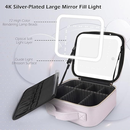 MOMIRA Travel Cosmetic Train Case with Lighted Mirror 3 Color Scenarios Cosmetic Bag Organizer with Adjustable Dividers Makeup Storage for Women, Makeup Accessories & Tools Case Violet Grey