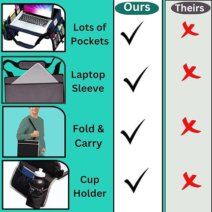Travel Lap Desk, Travel Tray, Portable Lapdesk for Car, Remote Work, Road Trips, School, Laptop Pad with Storage Pocket, Tablet Holder, Shoulder Strap, Fits up to 15.6-Inch Laptop (Black)