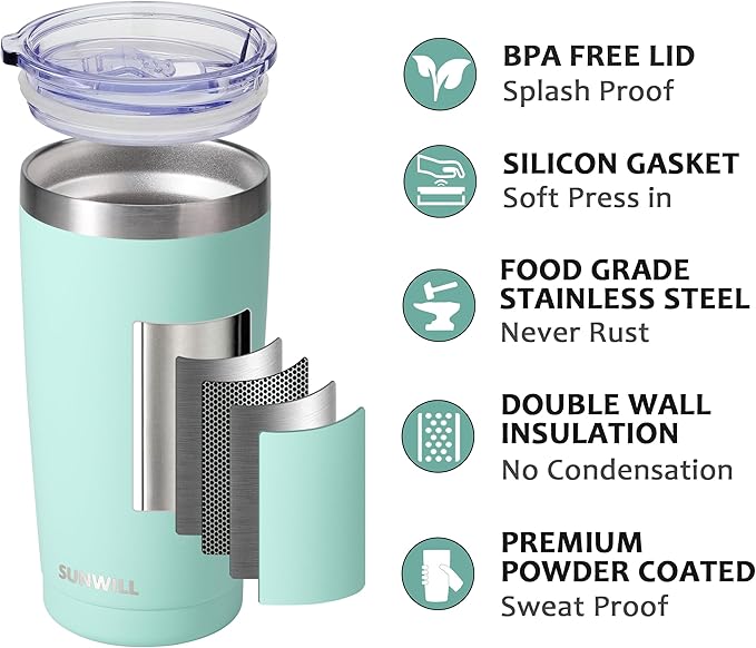 SUNWILL Travel Coffee Tumbler 20 oz, Insulated Mug with Lid, Stainless Steel Cup for Outdoor, Powder Coated Mint
