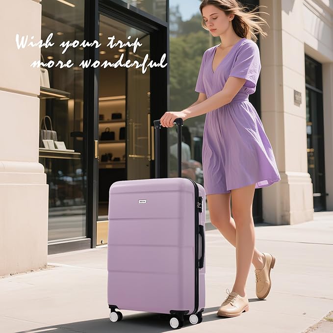 Merax Luggage Sets of 3 Piece Carry on Suitcase Airline Approved,Hardcase Suitcase Set with Double Spinner Wheels,Pink Purple
