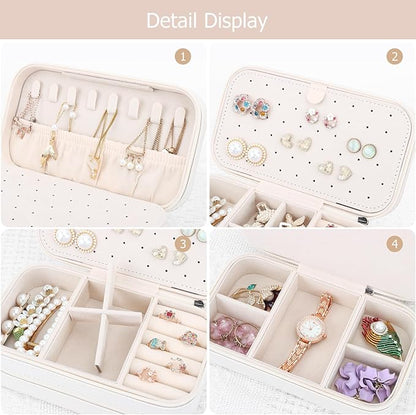 DesignSter Small Travel Jewelry Box with Double Zipper, 2 Layers PU Portable Jewelry Case for Women and Girls,Travel Jewelry Organizer for Rings, Earrings, Necklaces, Bracelets,Beige