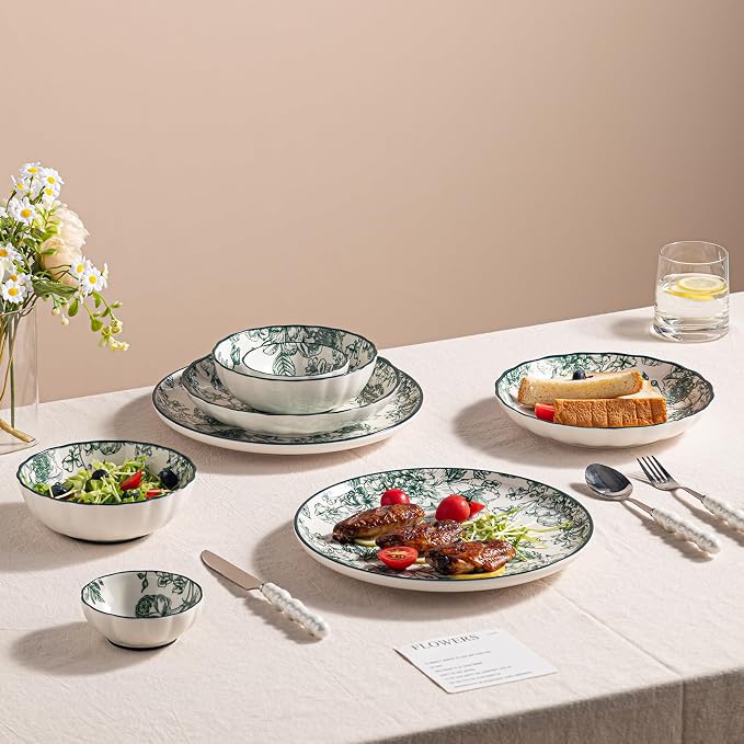 Ceramic Dinnerware Set, Floral Plates and Bowls Sets, Microwave & Dishwasher