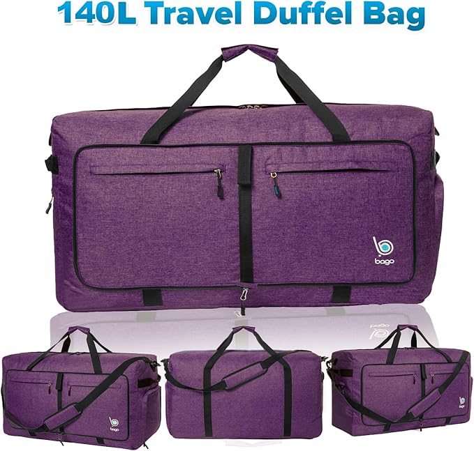 Bago Big XXL Foldable Duffel Bags for Traveling Women & Men - 140L Packable Duffle Bag for Travel with Shoe Compartment - Water Repellant, Heavy Duty, Lightweight Folding & Collapsible (SnowDepPurple)