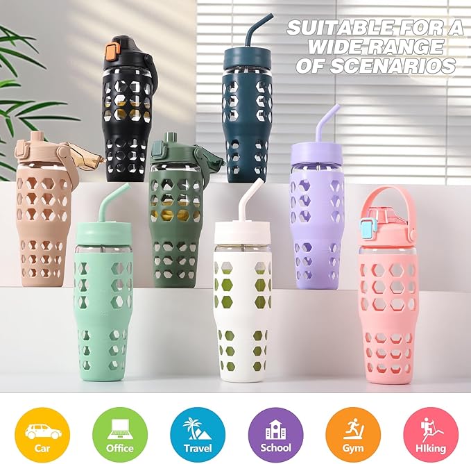 MUKOKO 32 oz Glass Tumbler with Straw,Glass Water Bottles with Time Marker,Iced Coffee Cup with 2 Lids-Handle Spout Lid&Straw Lid,Silicone Sleeve,Leakproof,1 Pack-Black