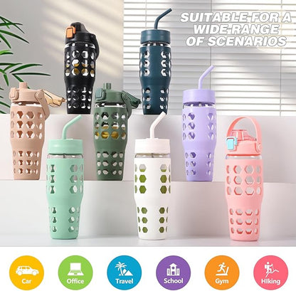 MUKOKO 32 oz Glass Tumbler with Straw,Glass Water Bottles with Time Marker,Iced Coffee Cup with 2 Lids-Handle Spout Lid&Straw Lid,Silicone Sleeve,Leakproof,1 Pack-Black