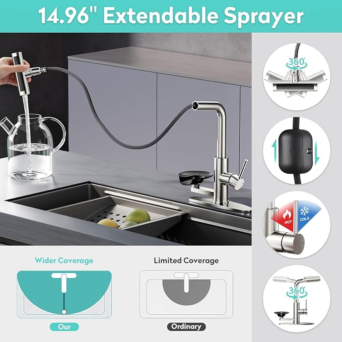 Waterfall Kitchen Faucet with Pull Down Sprayer & Glass Rinser | 4 Adjustable