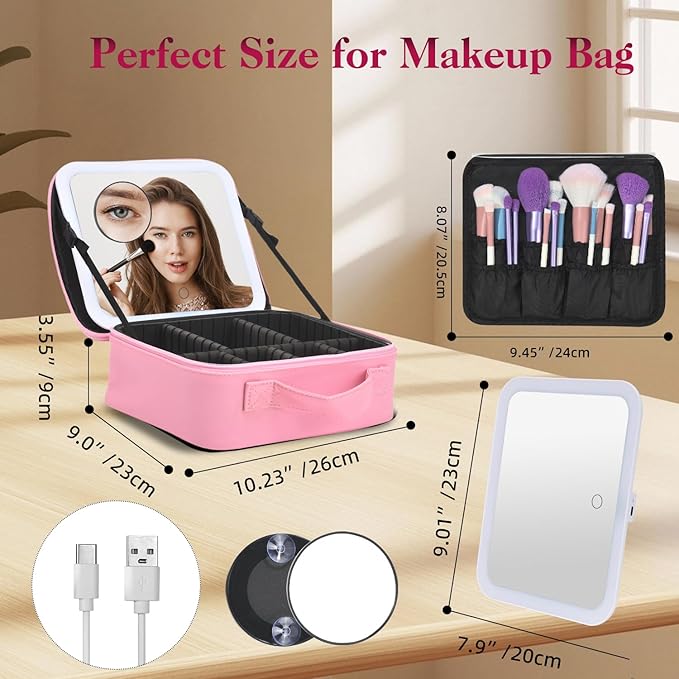Travel Makeup Bag With LED Mirror,Makeup Travel Train Case with 3 Color Setting,Cosmetic Makeup Organizer Bag with Adjustable Dividers,Portable Make up Bag with Makeup Brush Holder Storage（Pink）