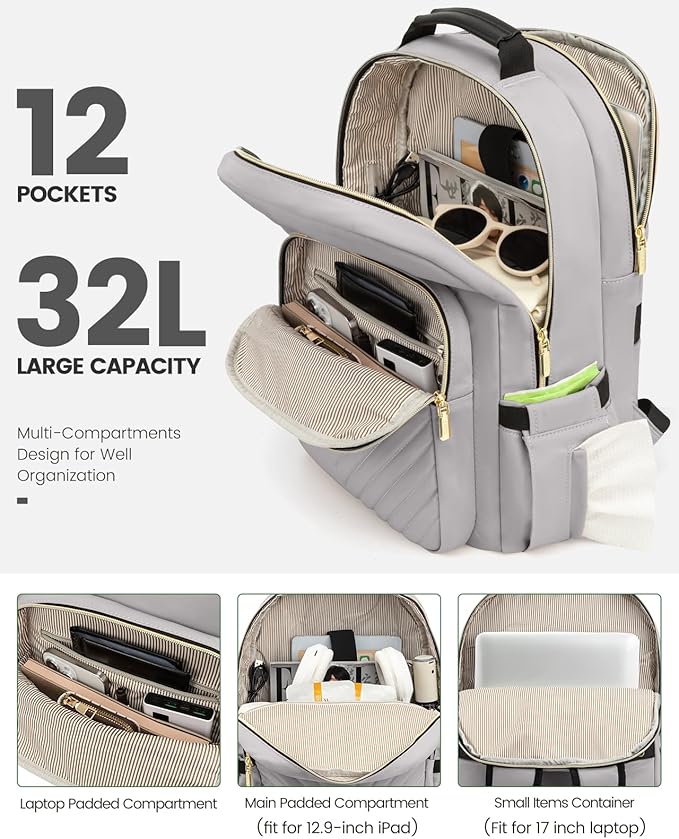 LOVEVOOK Laptop Backpack for Women, Travel Computer Work Bags with 17-inch Laptop Compartment, College School Student Bag Teen Backpacks For Girls, Outdoor Carry On Backpack Purse, Grey