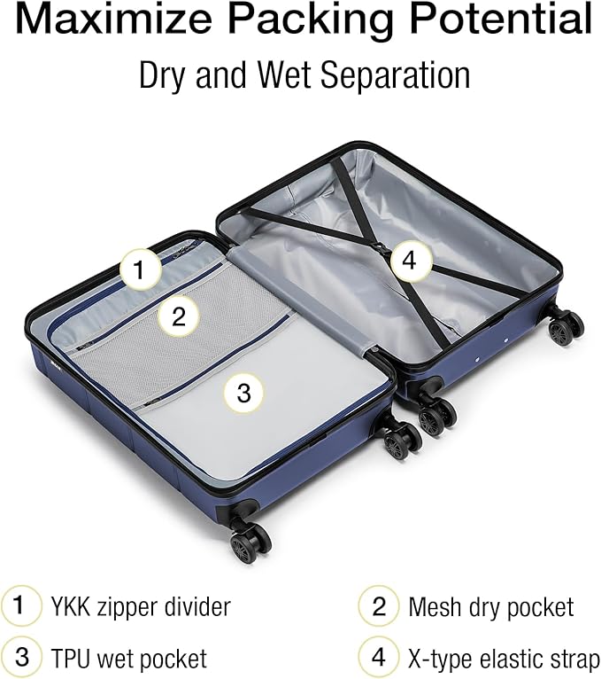 KYME Carry On Luggage 22x14x9 Airline Approved with Cup Holder Hardside Carry On Suitcase with Spinner Wheels TSA Lock Hardshell 22 inch Travel Rolling Luggage for Women Men Navy