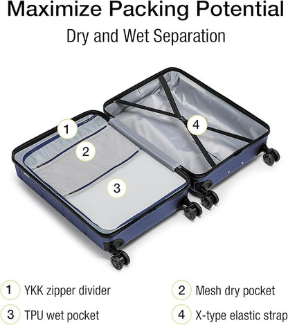 KYME Carry On Luggage 22x14x9 Airline Approved with Cup Holder Hardside Carry On Suitcase with Spinner Wheels TSA Lock Hardshell 22 inch Travel Rolling Luggage for Women Men Navy