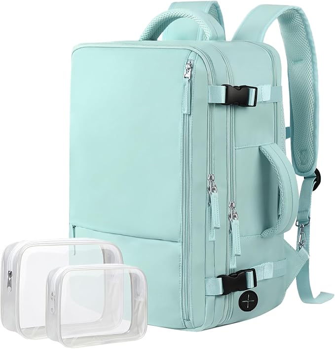 Hanples Large Travel Backpack for Women as Person Item Flight Approved, 35L Carry on Backpack, 17 Inch Laptop Backpack, Waterproof Backpack,Casual Bag with 2 Toiletry Bags (Mint Green)