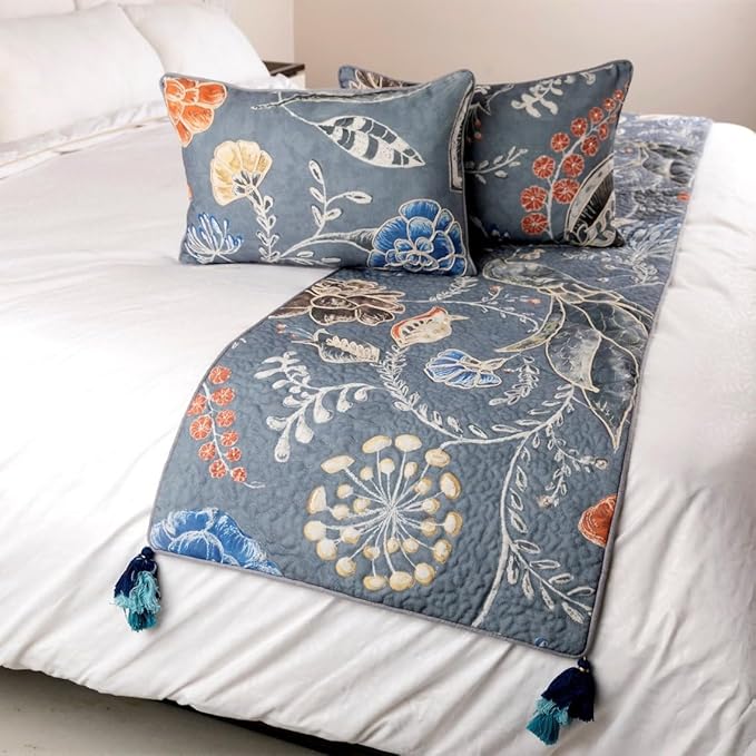 The HomeCentric Blue Bed Runner, CA King Size 86"x18" Decorative Bed Runner with Matching Pillow Cover, Blue Linen Bed Scarf in Quilted Peacock, Linen & Jute Embroidery - Peacock Willow
