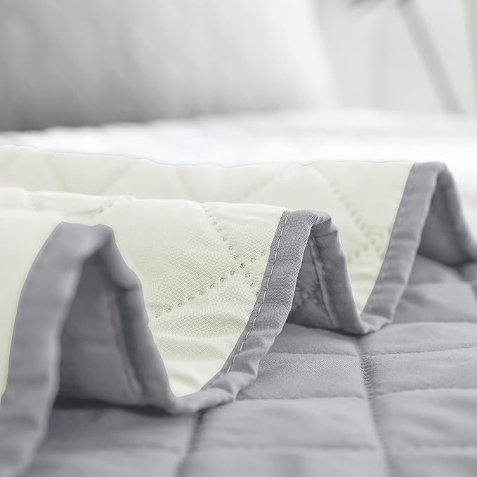 Easy-Going Queen Plus Size Reversible Quilt Set with 1 Quilt and 2 Pillow Shams, Soft Bed Quilt Cover, Water Resistant Lightweight Microfiber Bedspread, Stain Resistant, Light Gray/Ivory