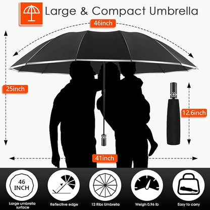 Bodyguard Inverted Umbrella - Large Windproof for Rain & Sun, Compact Reverse With Reflective Stripe, Teflon-Coated for Women Men, Travel Folding With Cover Bag