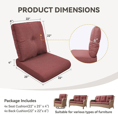 Patio Cushions for Outdoor Furniture - 22" x 25" x 4" UV Resistant Thick Foam Cushions Water Resistant Replacement Cushion for Outdoor Patio Furniture Chair/Sofa/Couch | Red | 4-Pack |