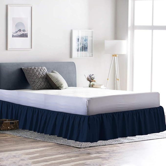 Ruffled Bed Skirt (Twin, Navy Blue Color) 12 Inch Drop Dust Ruffle with Platform, 100% Cotton 800 Thread Count Fabric - Dust Ruffle Bedskirt for Easy Fitting and Easy Care