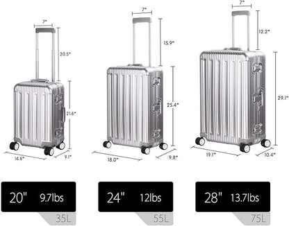TRAVELKING All Aluminum Luggage Zipperless Hard Shell Suitcase with TSA Lock Spinner Wheels Lightweight Metal Alloy Suitcases (Silver, 24 inch)