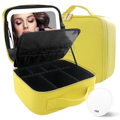 MOMIRA Travel Makeup Bag Cosmetic Bag Makeup Organizer Bag with Large Lighted Mirror 3 Color Scenarios Adjustable Brightness,Yellow
