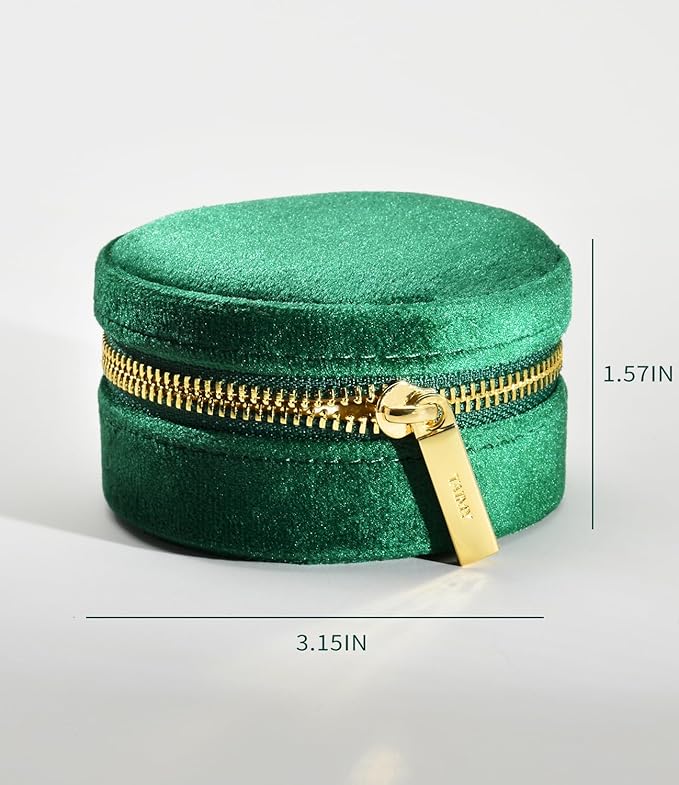 TAIMY Travel Jewelry Case, Small Round Velvet Travel Jewelry Box for Women Girls, Portable Tiny Jewelry Travel Organizer Boxes for Rings Earrings Necklaces Bracelets(Emerald Green)