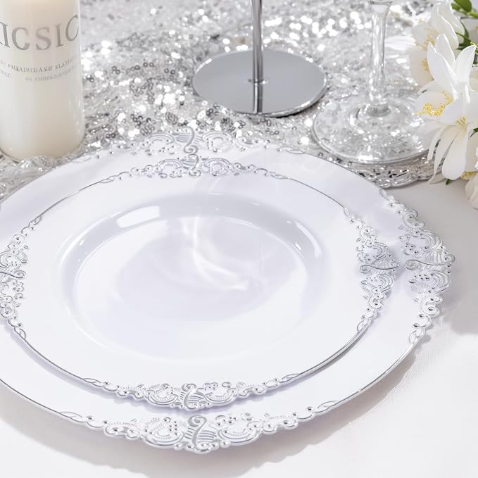 Nervure 100Pcs 7.5'' Silver Plastic Plates, Disposable Plates