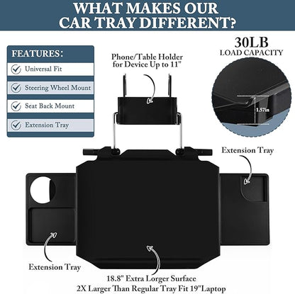 2-in-1 Car Steering Wheel Tray & Back Seat Table with Phone Holder – Height Adjustable Steering Wheel laptop desk, Food Tray , Writing Desk & Car Eating Tray - Car desk tray is Gift for Truck Driver