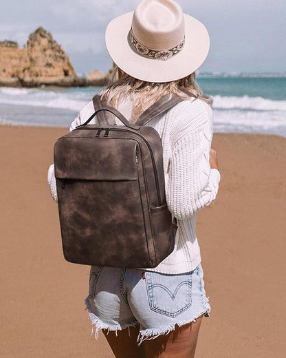 MASINTOR 15.6 inch PU Leather Laptop Backpack Purse for Women, Large College Casual Backpack Travel Bag Retro Coffee