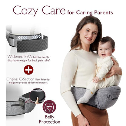Momcozy Hip Seat Baby Carrier - Adjustable Waistband with Original 3D Belly Protector, Ergonomic Carrier with Various Pockets for Newborns & Toddlers up to 45lbs (Grey, Large)
