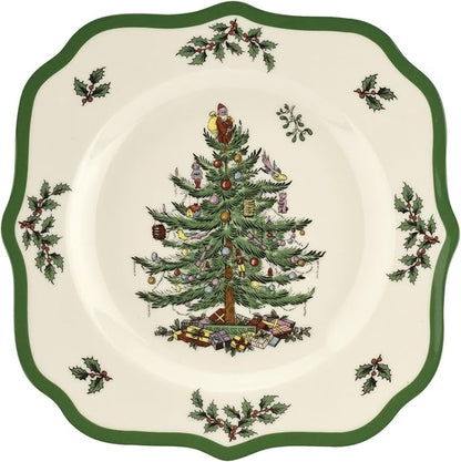 Spode Christmas Tree Scalloped Salad Plates (Set of 4) - Holiday-Themed Stoneware Appetizer Plate - 9 Inch Christmas Dinner Dish - Colorful Gifts & Mistletoe Accents - Dishwasher & Microwave Safe