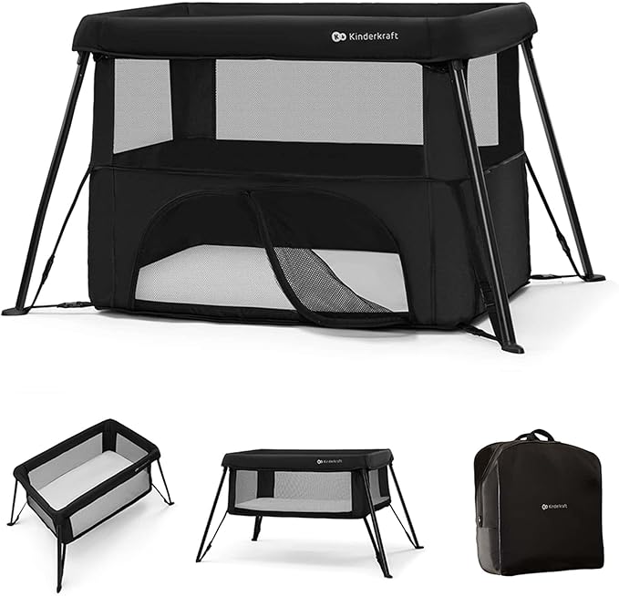 Kinderkraft CAMI 3-in-1 Baby Bed, Travel Bed for Baby, from Birth to 3 Years, Baby cot, Travel cot, Easy to Fold Compactly, Travel Bag Included, Two Levels, Black