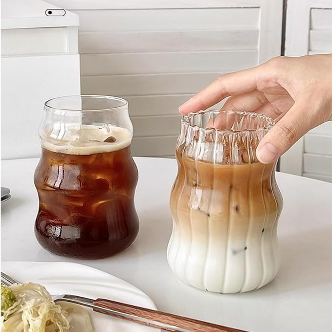 2 Pcs Ribbed Glass Cups, 18 Oz Vintage Drinking Glassware