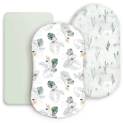 GRSSDER Stretch Ultra Soft Fitted Bassinet Sheets 3 Pack, Universal Fit for Bassinets Baby Cradle Moses Basket Oval Rectangle Mattress Safe and Snug, Stylish Watercolor Animals for Baby, Mint Green