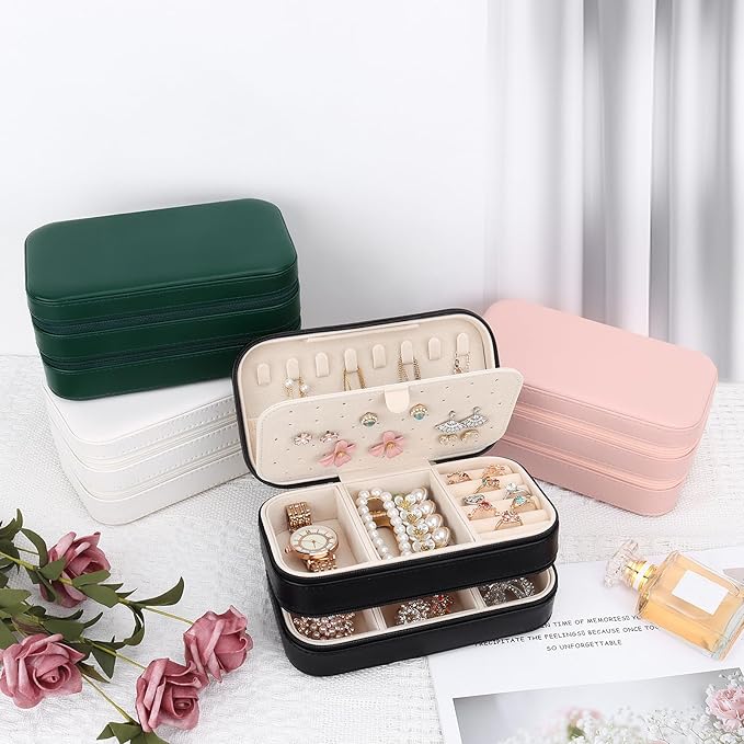 DesignSter Small Travel Jewelry Box with Double Zipper, 2 Layers PU Portable Jewelry Case for Women and Girls,Travel Jewelry Organizer for Rings, Earrings, Necklaces, Bracelets,Black