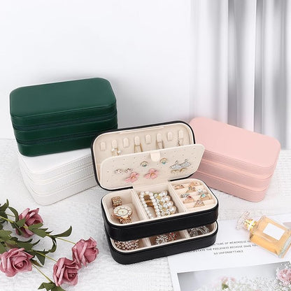 DesignSter Small Travel Jewelry Box with Double Zipper, 2 Layers PU Portable Jewelry Case for Women and Girls,Travel Jewelry Organizer for Rings, Earrings, Necklaces, Bracelets,Black
