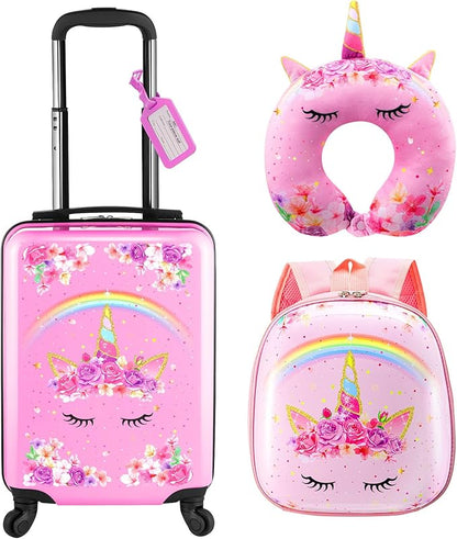 Sanwuta 4 Pcs Kids Luggage Set Kids Backpack Travel Rolling Suitcase with Wheels U-shape Pillow Childrens Gift for Girls Boys(17 Inch,Unicorn Rainbow Style,Pink)