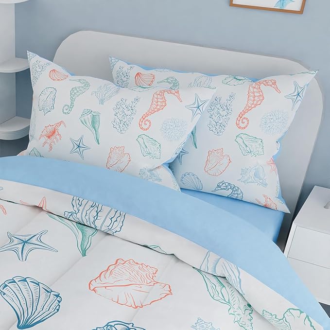 Kids Bedding Set for Girls Boys, Ultra Soft Microfiber Comforter Set Twin Size with 3-Pieces, Seashell Ocean Comforters Bed Sets for Kid Children Teen Tween Bedroom Decor