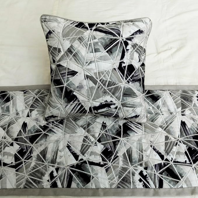 The HomeCentric King/Queen/Twin Grey Decorative King 90"x18" Bed Runner with Pillow Cover, Print & Embroidery Bed Scarf on Cotton Fabric - Grey Angular