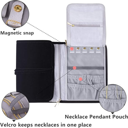 Teamoy Velvet Travel Jewelry Roll, Jewelry Storage Bag Organizer for Necklaces, Earrings, Bracelets, Rings, Brooches and More, Compact and Easy to Carry (Large, Velvet- Black)