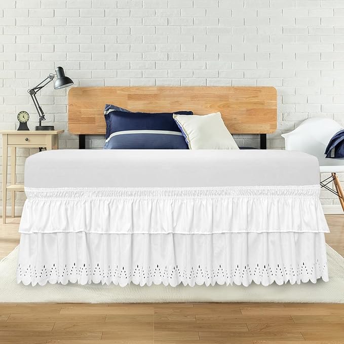 Full Bed Skirt, Double-Layered Ruffled Eyelet Bed Skirt, Wrap-Around Elastic Dust Ruffle Full Size with Gathered Styling and Embroidered Details, 14" Drop Length (White)